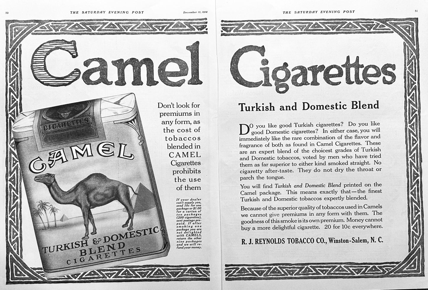 1914 @- Page Antique Camel Cigarettes Turkish & Domestic Blend Ad #1803