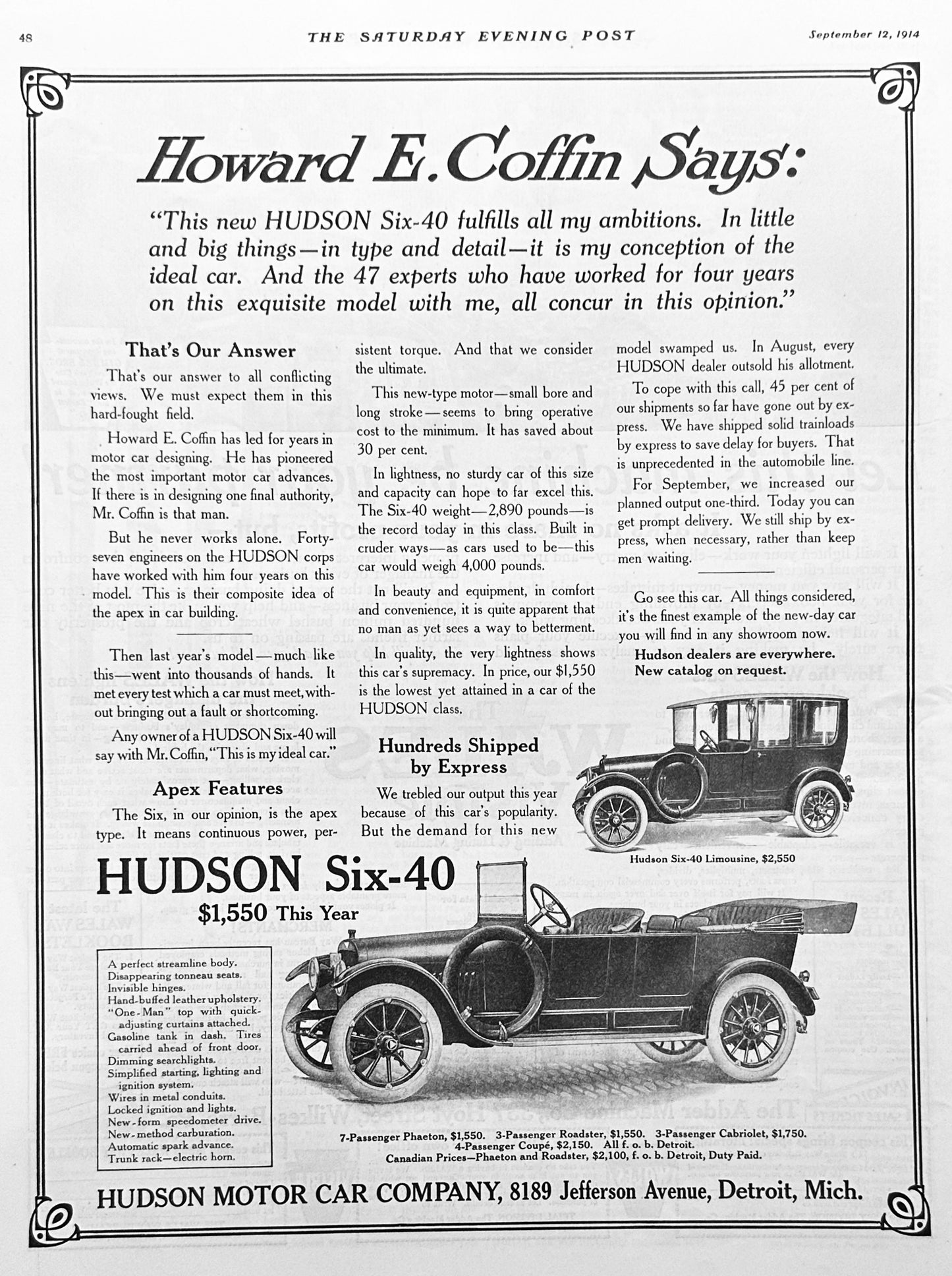 1914 Hudson Six - 40 Automobile Ad #1795