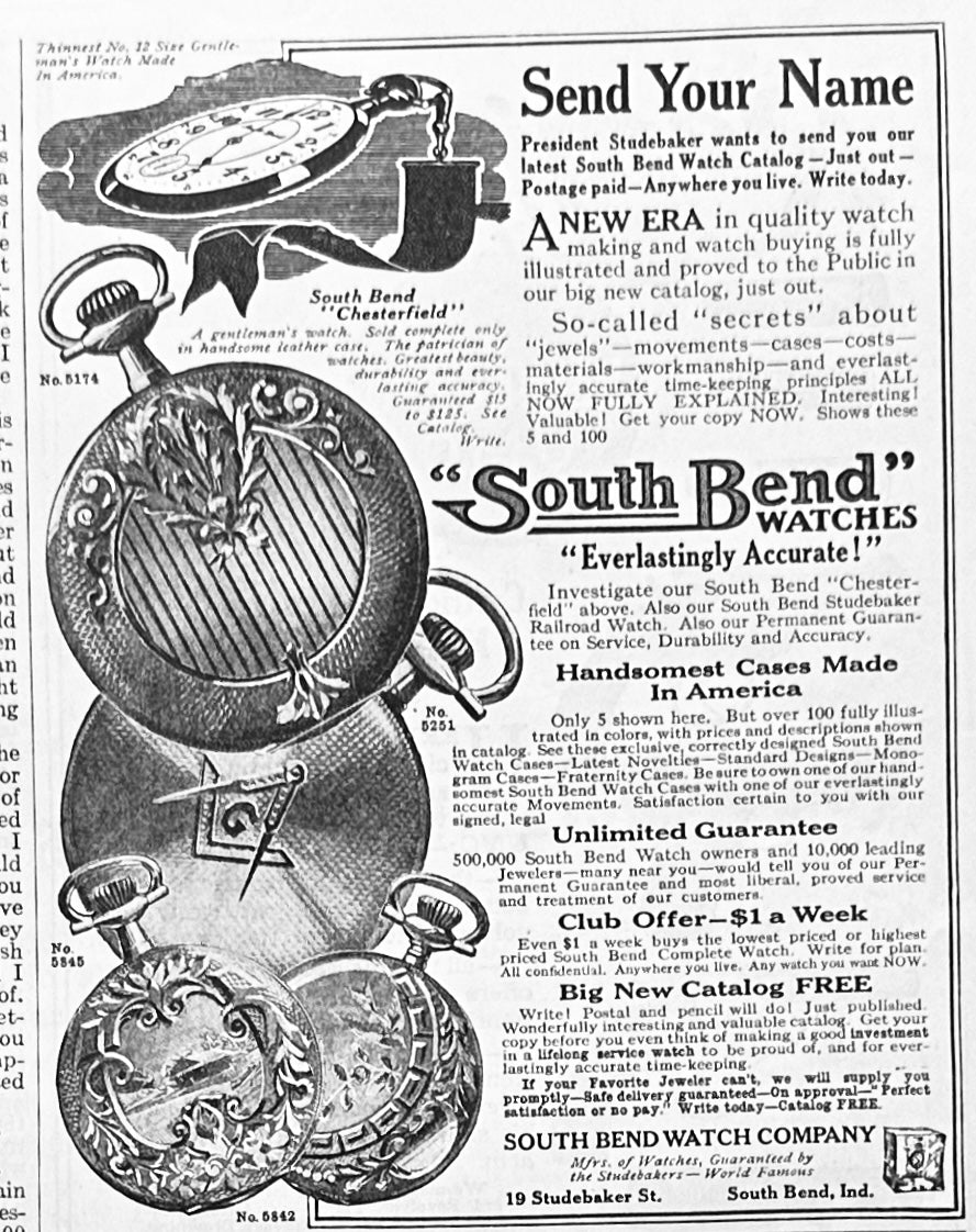 1914 South Bend Pocket Watch - 4 Patterns Shown Ad #1792