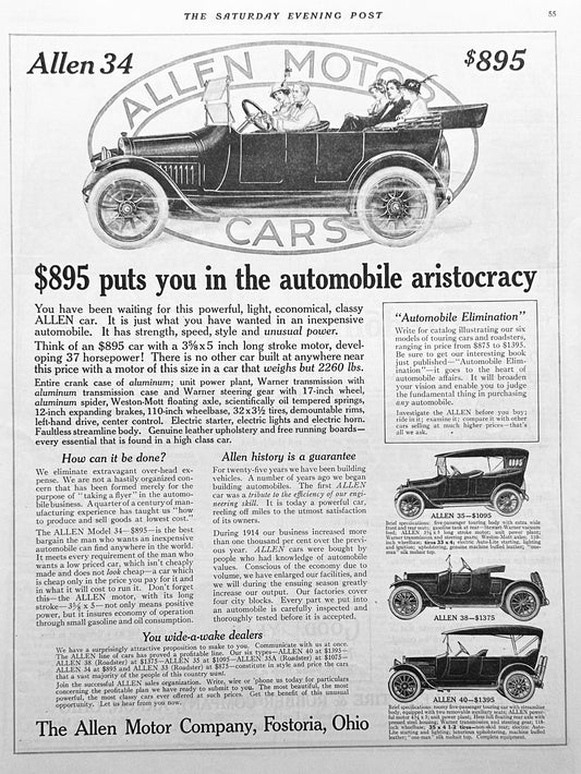 1914 ALLEN 34, 35, 38 & 40 Forgotten Marque, Fostoria, OH AD#1791