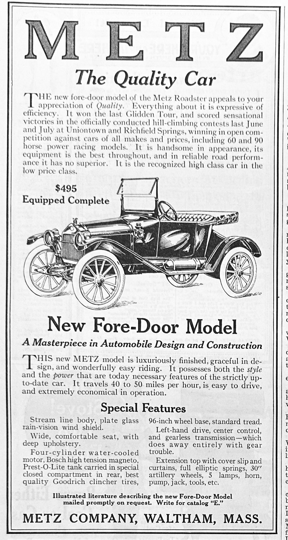 1914 Advertisement for the METZ Fore-Door Model Automobile #1790