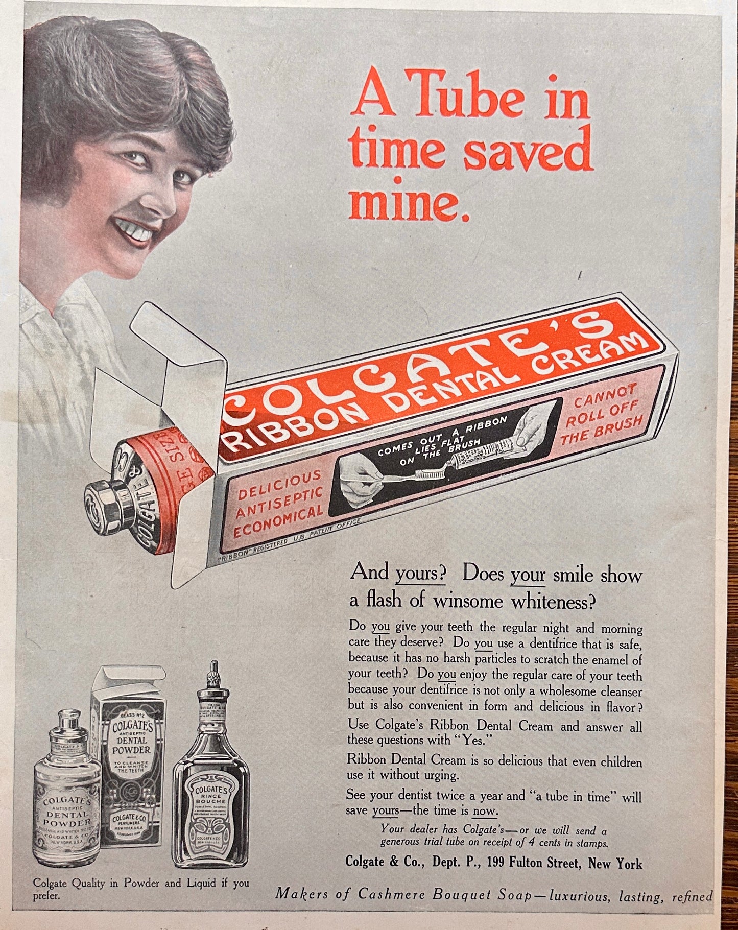 1914 Dual Sided Ad Pompeian Massage Cream & Colgate Dental Ribbon AD#1783