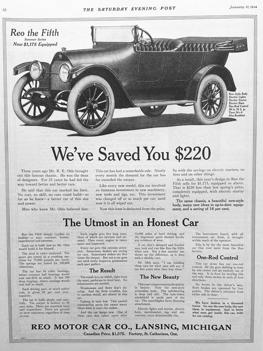 1914 - REO the Fifth Super Nice Original Automobile Ad #1819