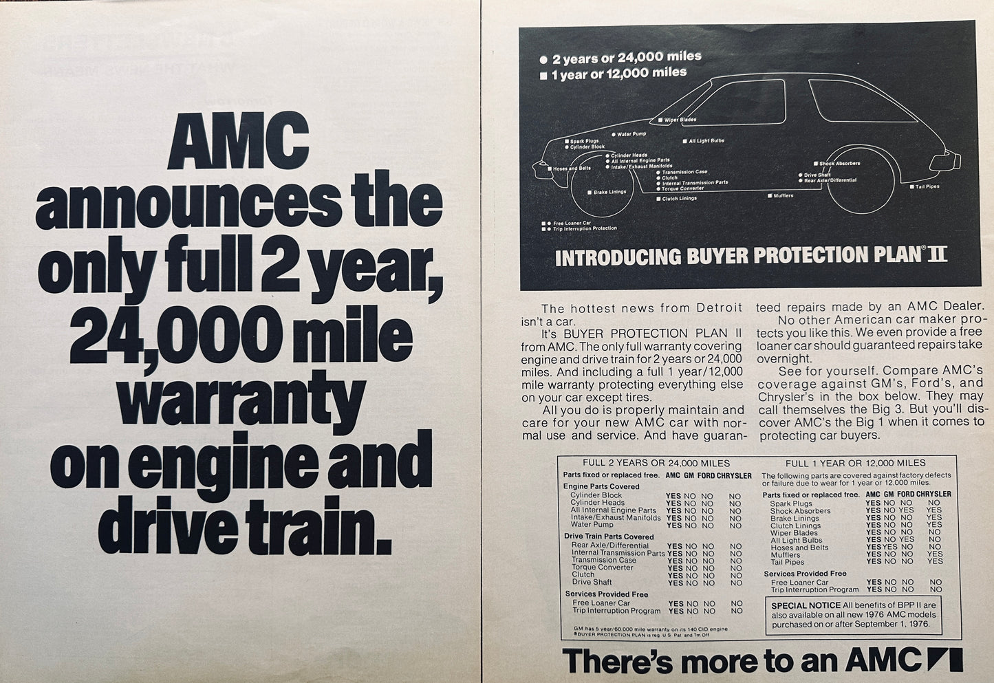 1976 AMC Pacer  2 yr/24K mile warranty 2-page magazine ad