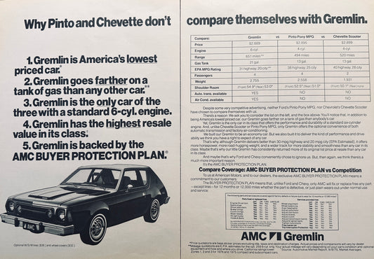 1975 AMC Gremlin  - Why Pinto and Chevette Don't Compare 2-page magazine ad