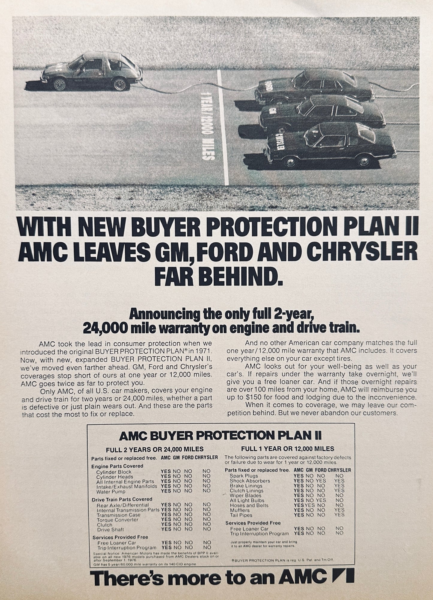 1976 AMC Pacer Winning the Buyer Protection Plan Race Advertisement