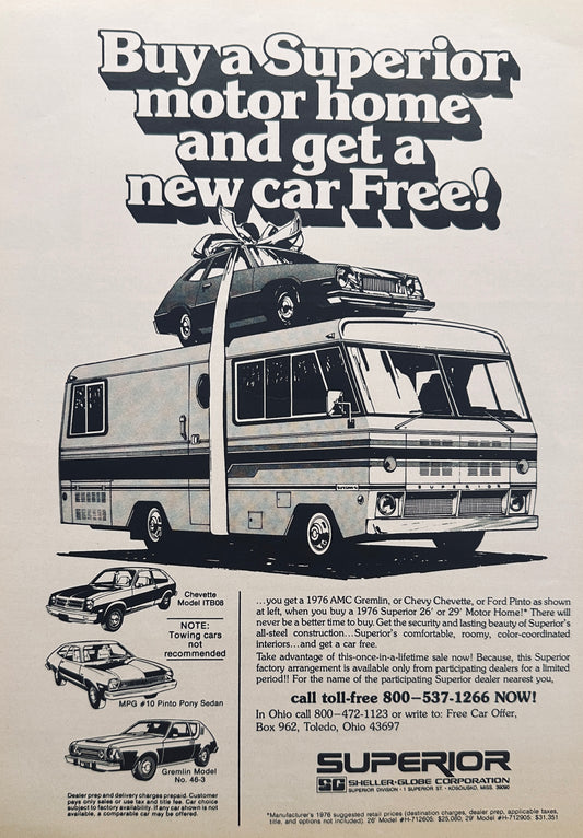 1976 Superior Motorhome, AMC GREMLIN, FORD PINTO Chevette Ad