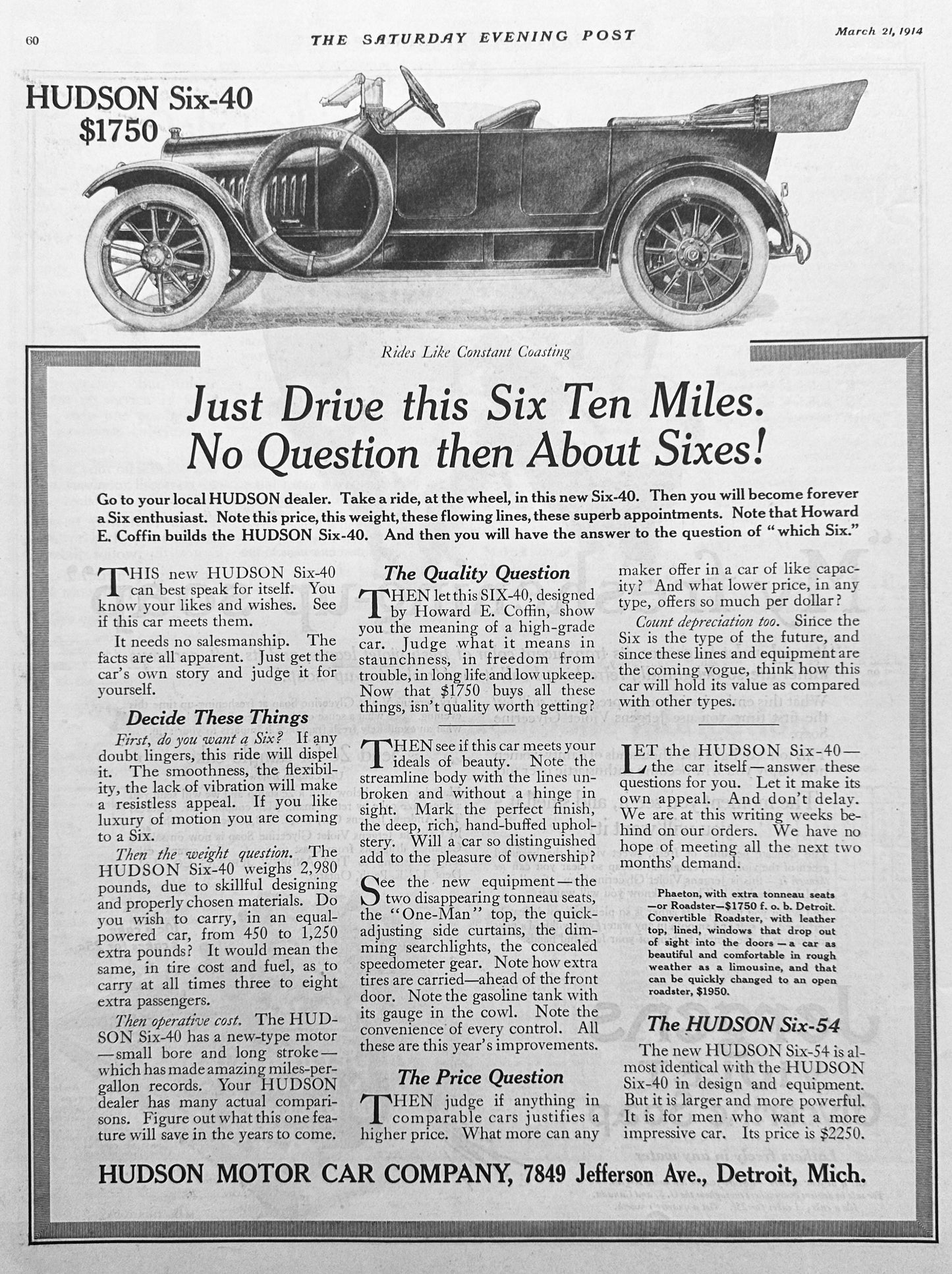 1914 - Hudson Six-40 Just Drive This Six 10 Miles - Ad #1825