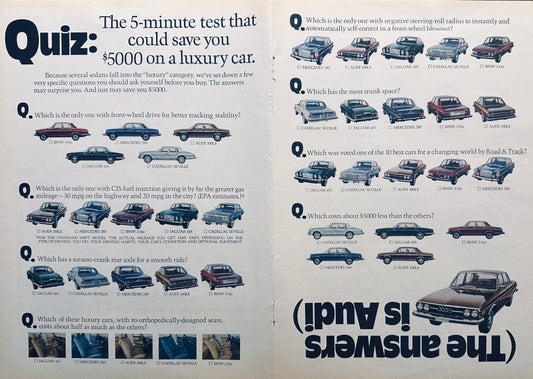 1975 Audi Question and Answer Centerfold Magazine Centerfold Ad - Staged as a Quiz