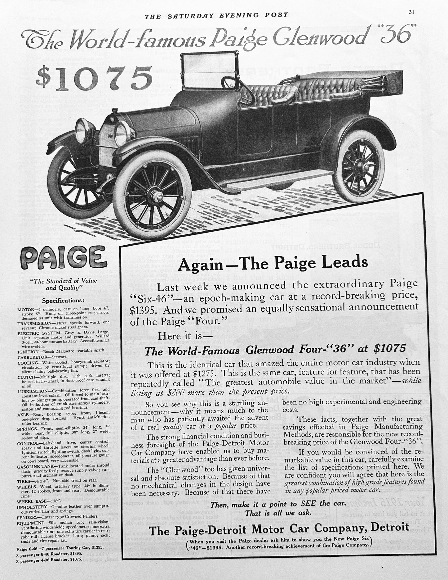 1915 World Famous Paige Glenwood "36" Original Automobile Ad #1833