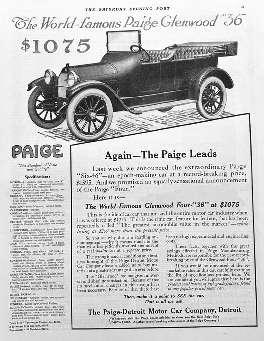 1915 World Famous Paige Glenwood "36" Original Automobile Ad #1833