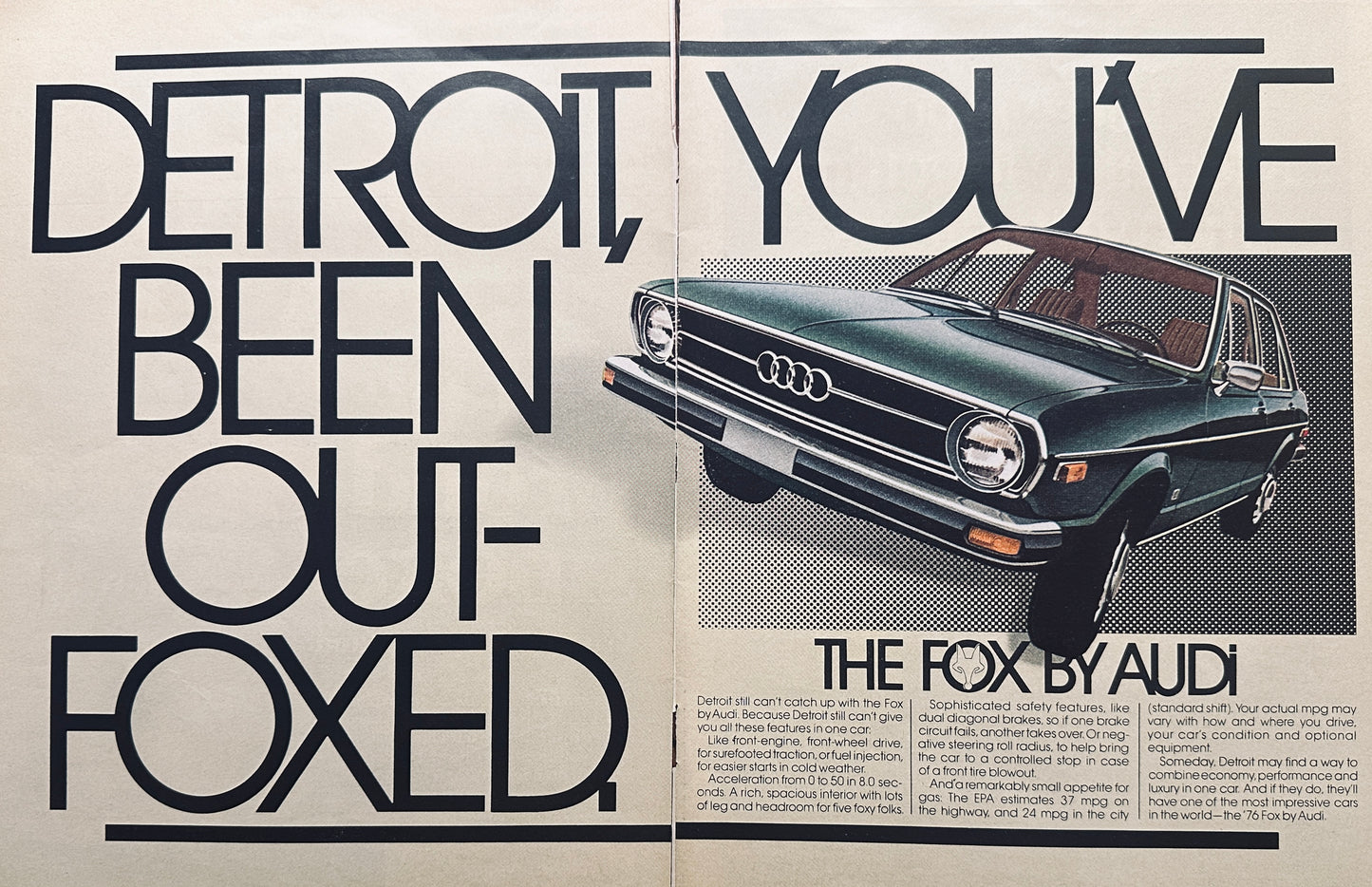 1976 2-Page Audi Fox  Detroit You've Been Out Foxed Magazine Ad