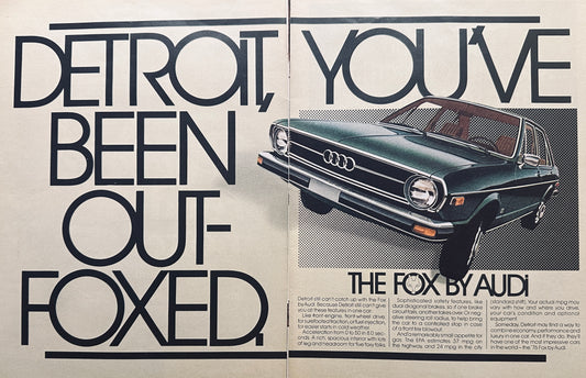 1976 2-Page Audi Fox  Detroit You've Been Out Foxed Magazine Ad