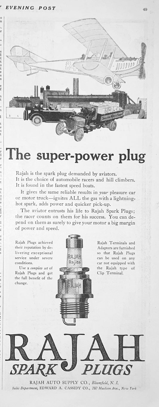 1918 Unique Spark Plug Brand - Rajah - Bloomfield, NJ Ad #1870
