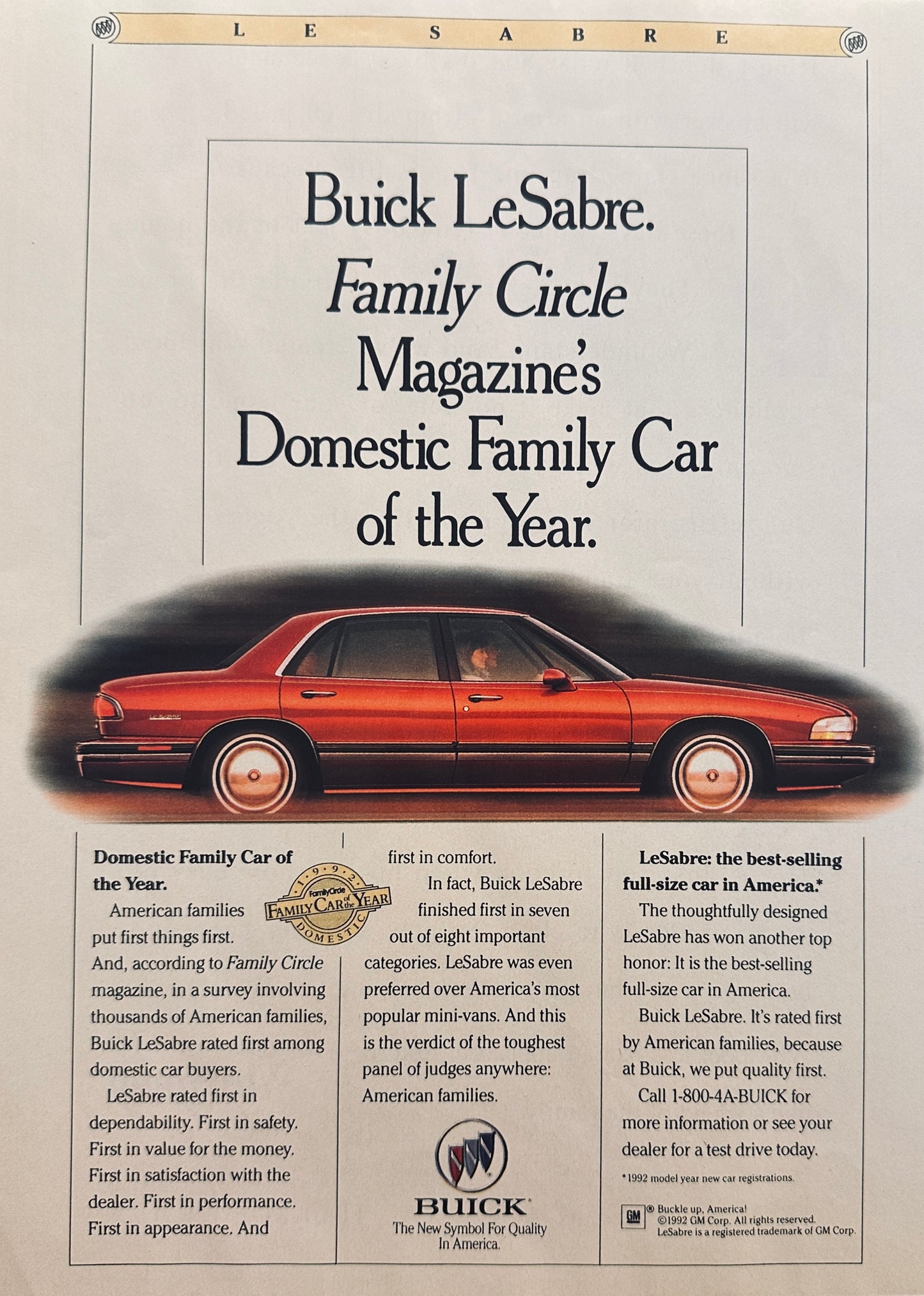 1992 Red Buick LeSabre Family Circle - Car of the Year - Magazine Ad