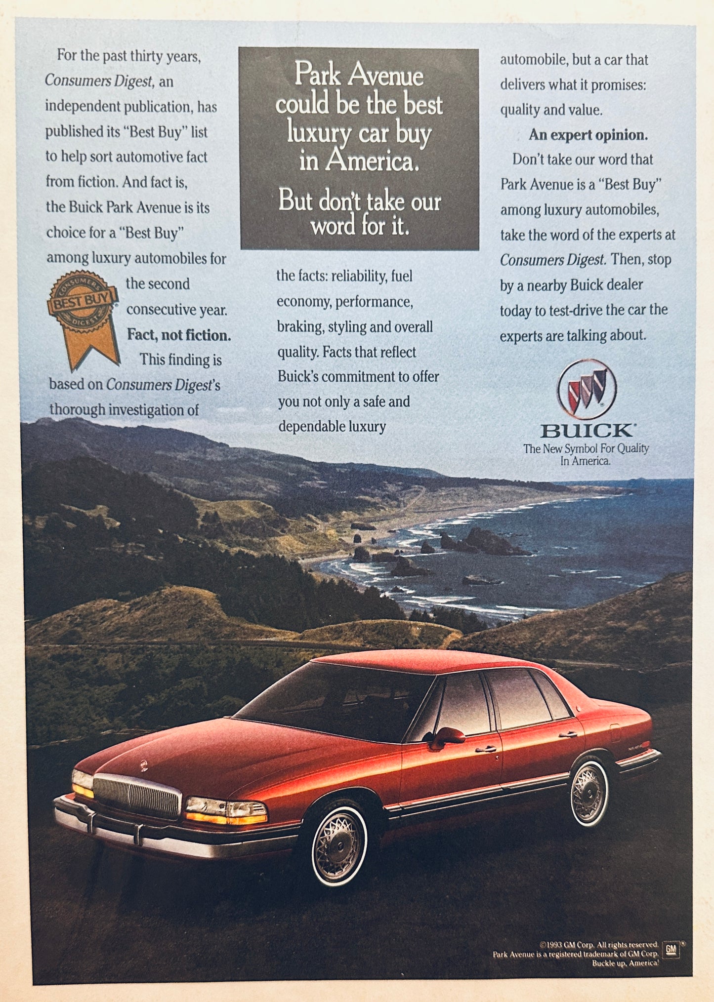 1993 Buick Park Avenue Luxury Car Overlooking the Pacific Coast Magazine Ad