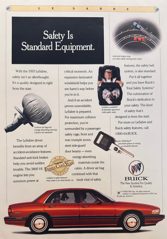 1993 Buick LeSabre Safety Is Standard Equipment Magazine Ad