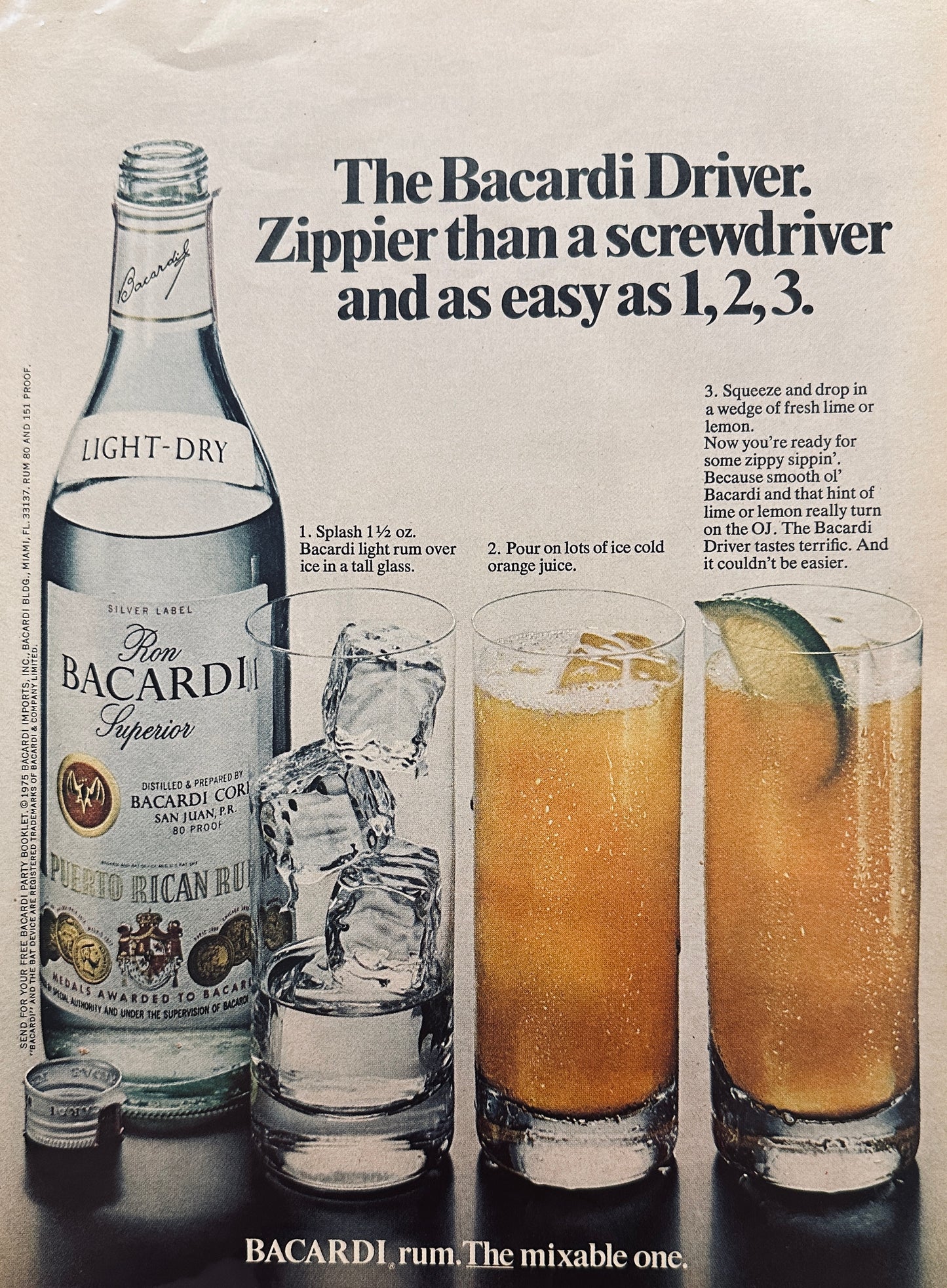 1975 Bacardi  Puerto Rican Rum - Bacardi Driver - Magazine Ad