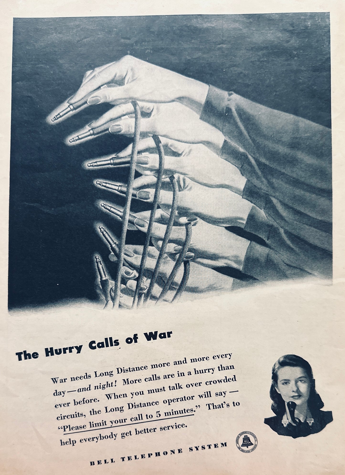 1944 WWII ERA  - Hurry the Calls of War - BELL TELEPHONE MAGAZINE AD