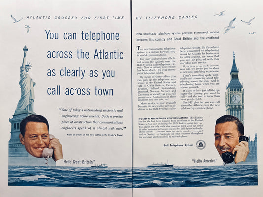 1956 2-page magazine ad - Bell System Trans-Atlantic calling starts