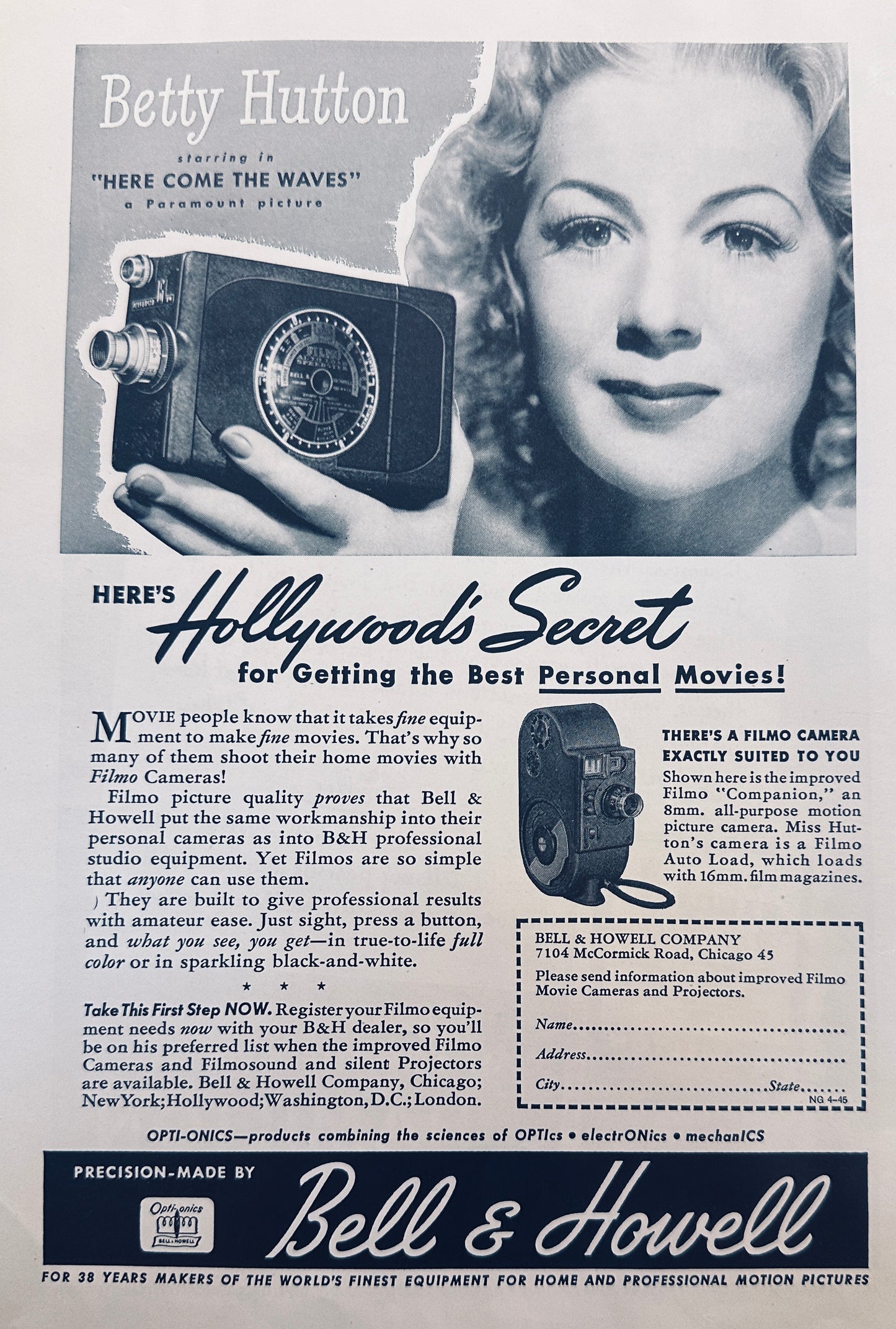 1945 Bell & Howell Betty Hutton Filmo Movie Camera Magazine Ad