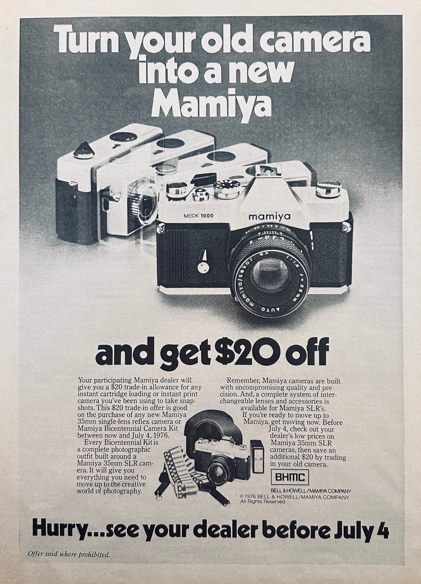 1976 Bell & Howell - Mamiya trade in old camera and get $20 discount - Promo Ad