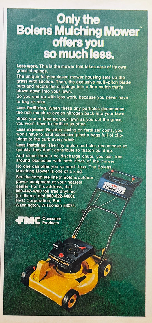 1976 Bolens Mulching Lawnmower by FMC Magazine Ad