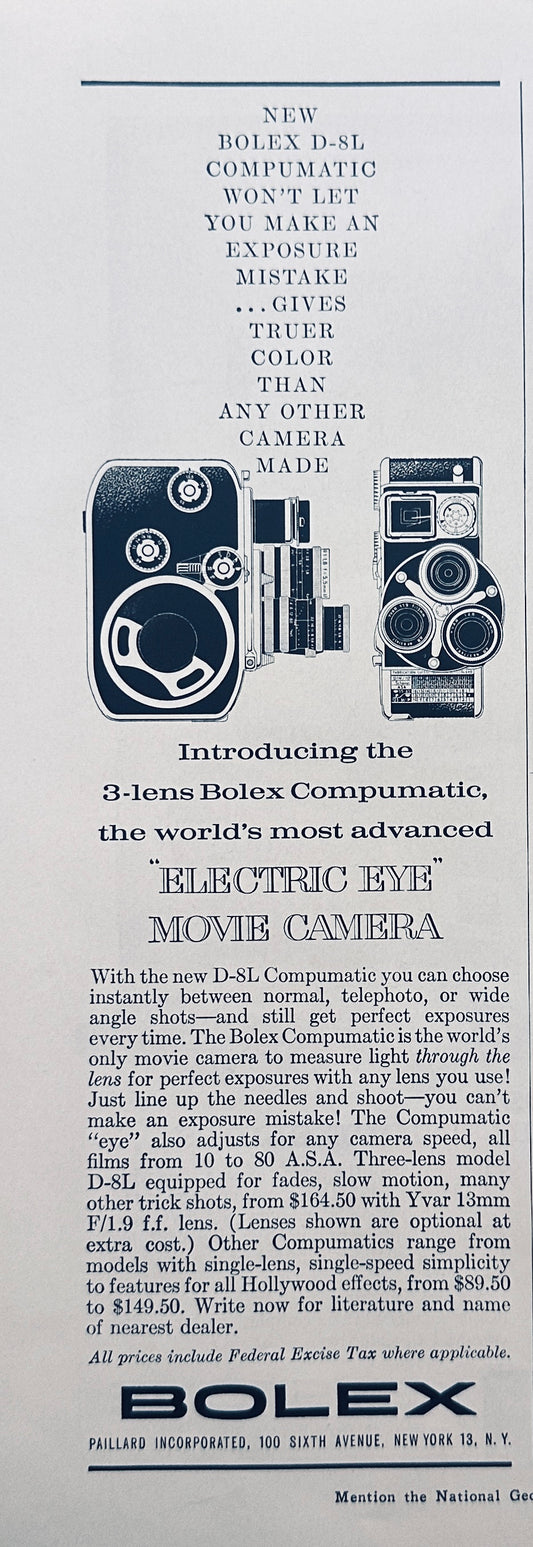 1959 Bolex 3-lenz Comoumatic Camera Magazine Ad