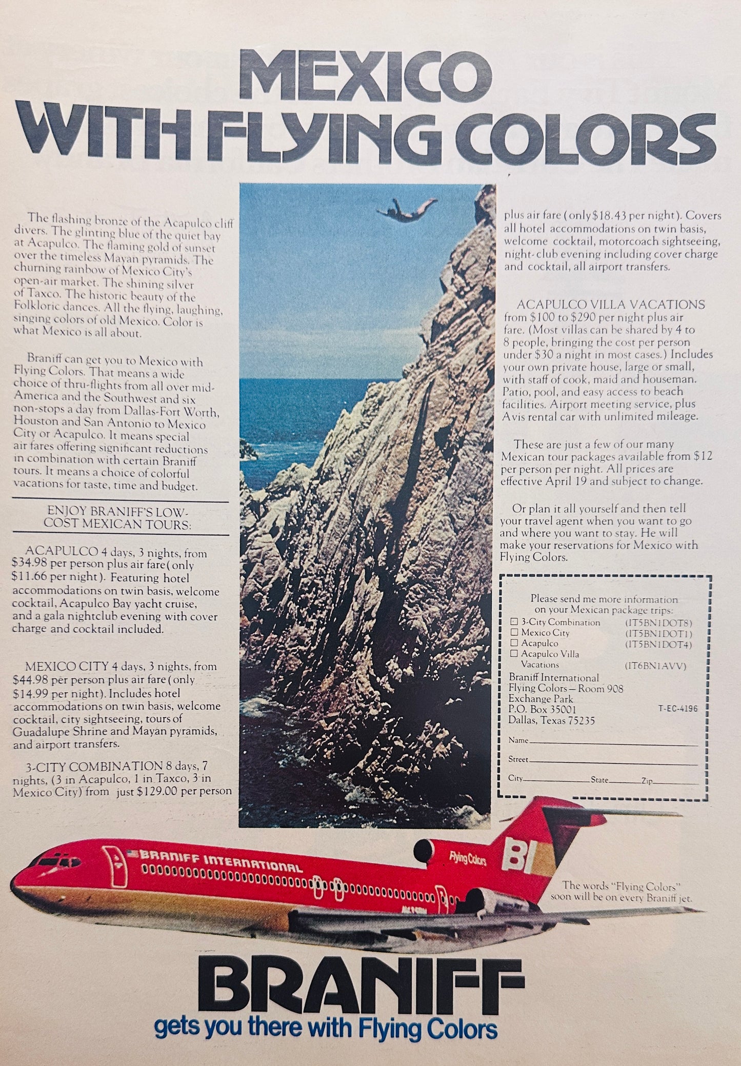 1975 Braniff Airlines  Mexico With Flying Colors - Magazine Ad