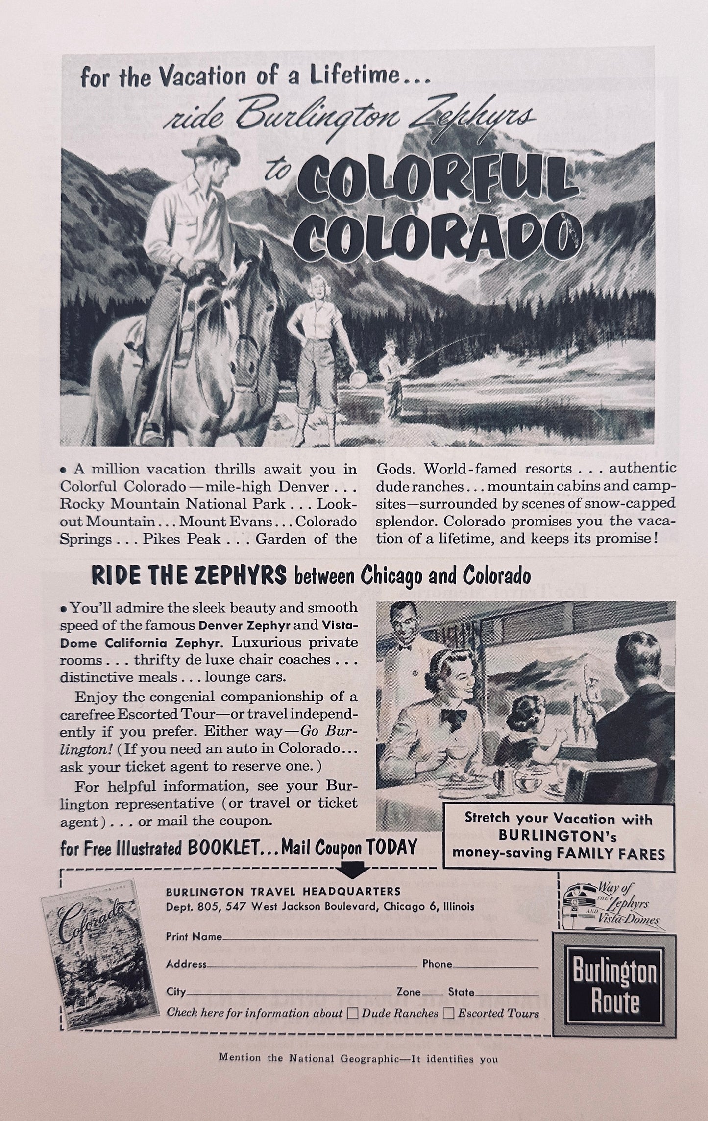 1956 Burlington Route - Zephyrs -  Train Vacation Ad