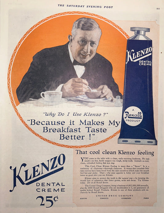 1919 Rexall - Klenzo Dental Creme - Wonderful Graphics! Ad #1890