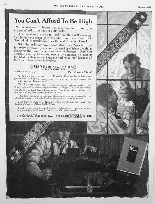 1919 Star Hack Saw Blades - Clemson Bros - Millers Falls Ad #1889