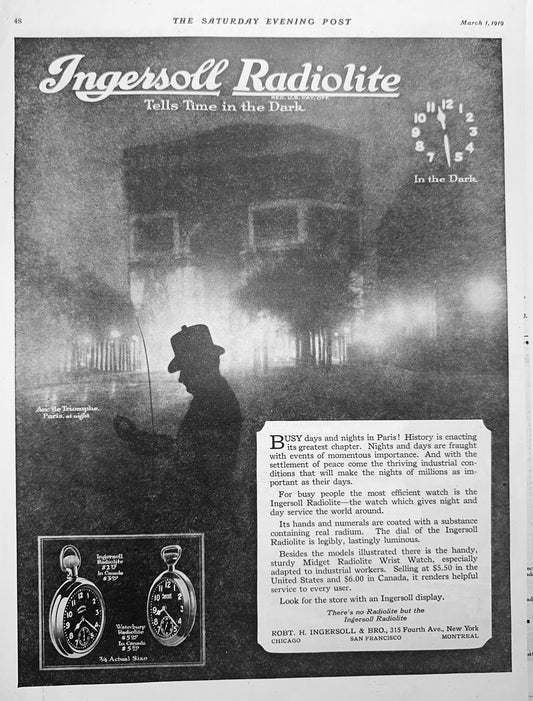 1919 Ingersoll Radiolite Pocket Watches - Tells Time in the Dark Ad #1887