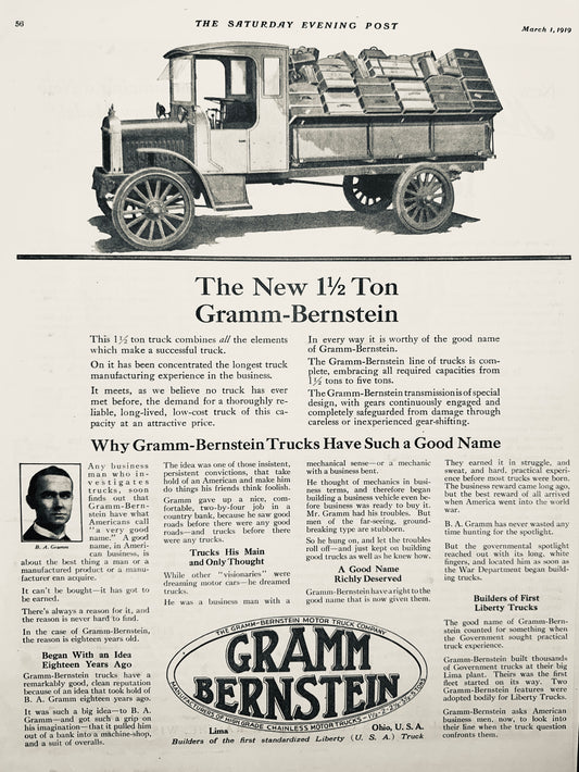 1919 Early American Trucking Gramm-Bernstein 1.5 TON Lima, OH Ad #1882