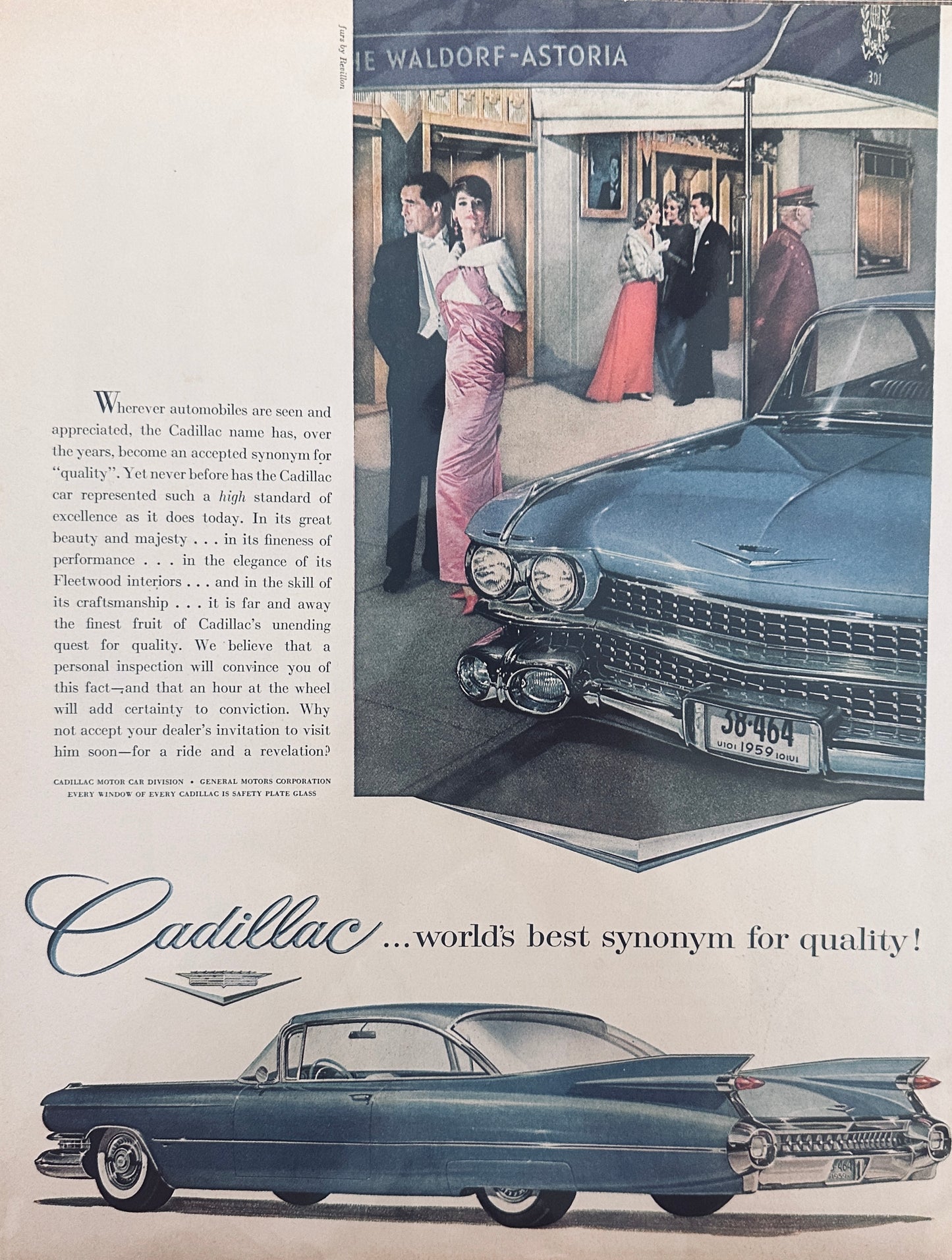 1959 Blue Cadillac Fleetwood - Waldorf Astoria setting - Magazine Ad