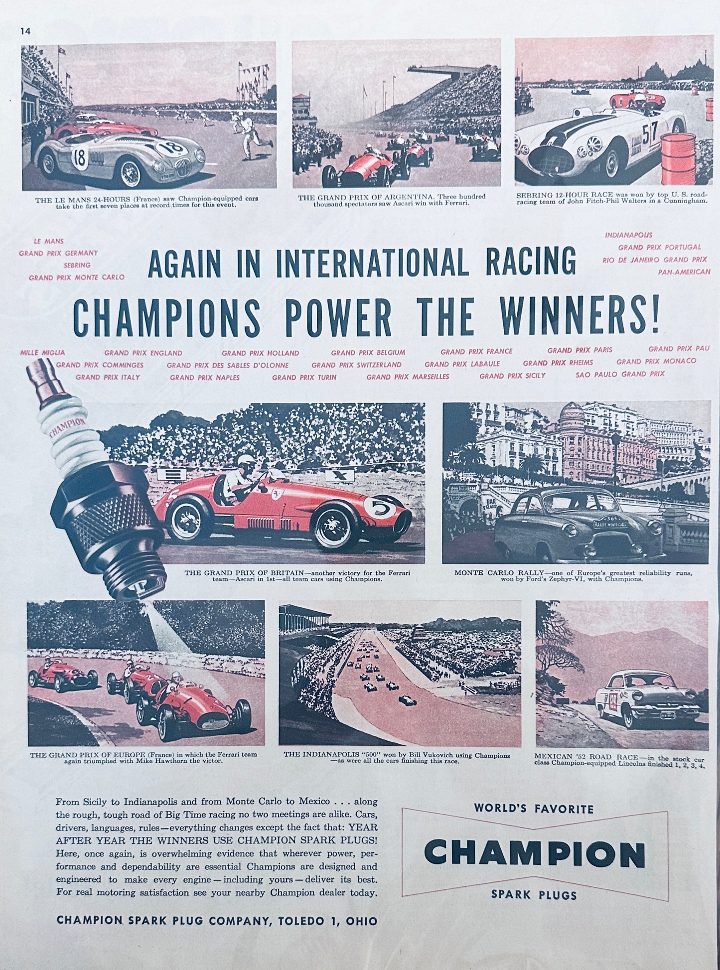 1954 Champion Spark Plugs Power Race Winners Across the World - Magazine Ad