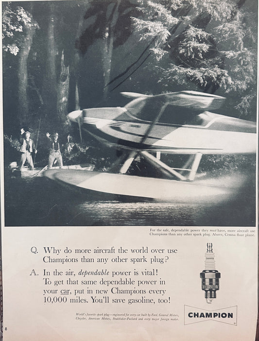 1959 Champion Spark Plugs and Cessna Float Plane - Magazine Ad