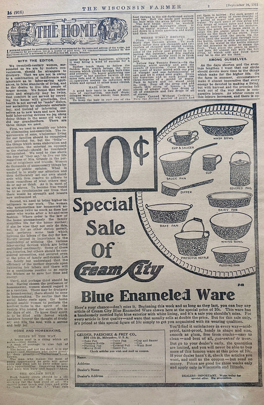 1912 Cream City Blue Enameled Ware Promotional Ad #1917
