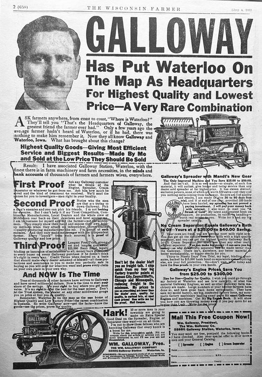 1912 Galloway  Has Put Waterloo, IA on the Map Ad #1918