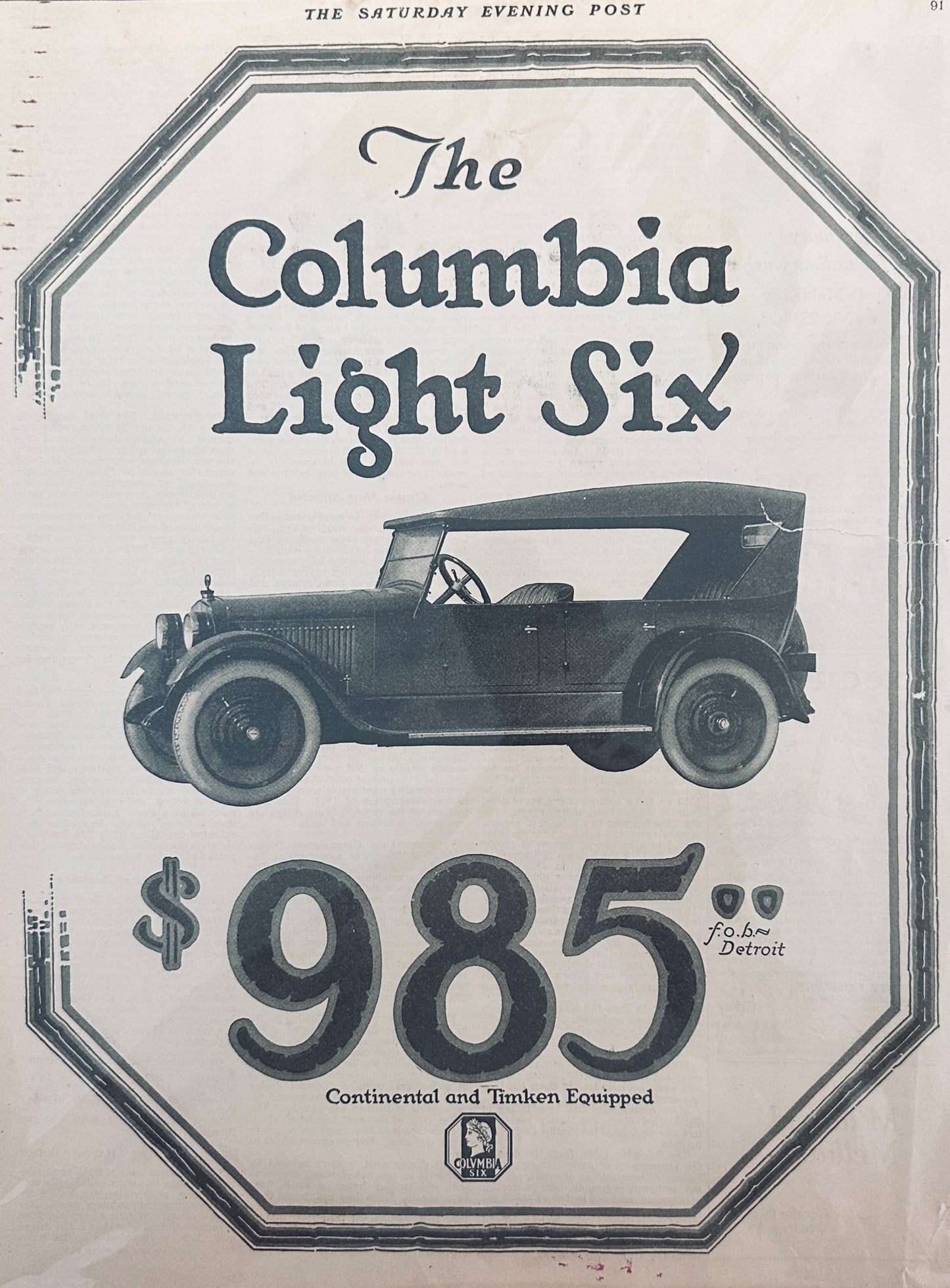 1922 Columbia Light Six - Continental & Timken Equipped Touring Car - Ad