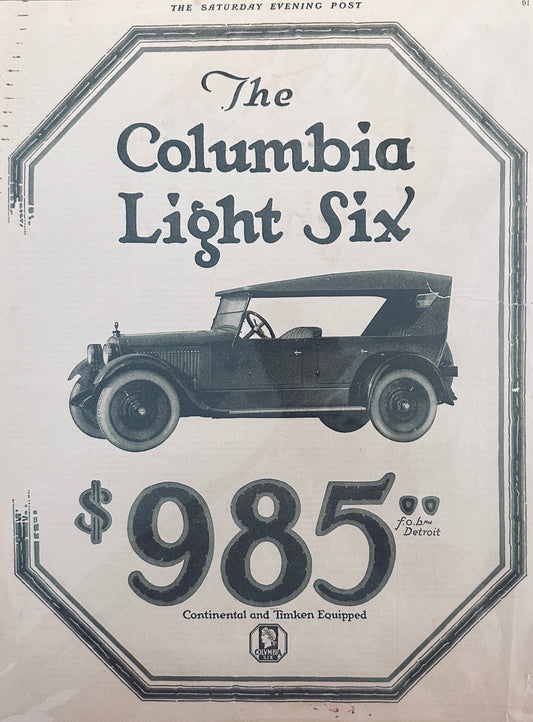 1922 Columbia Light Six - Continental & Timken Equipped Touring Car - Ad #465