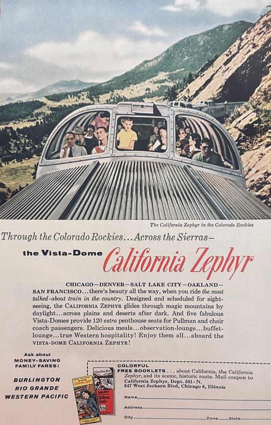 1958 - California Zephyrs - Vista Dome Vacations - Magazine Ad