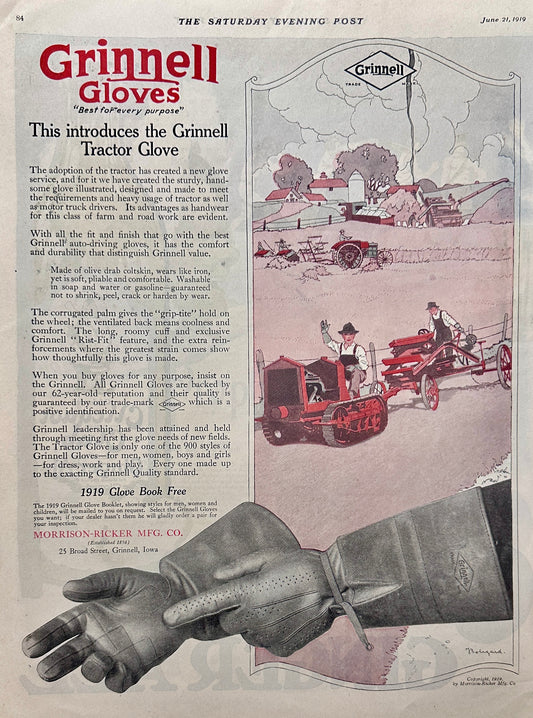 1919 Grinnell Gloves - Grinnell, Iowa - The Tractor Glove Ad #1930
