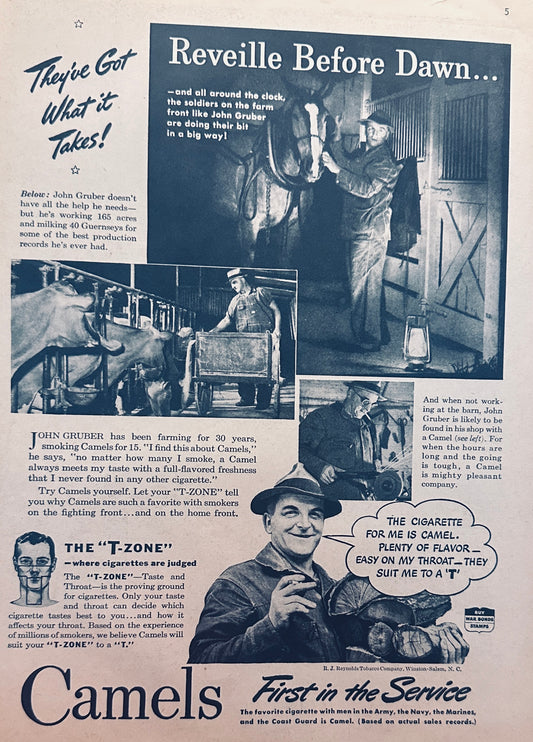 1943 Farmer John Gruber Smokes Camels - Supports war Effort - Magazine Ad