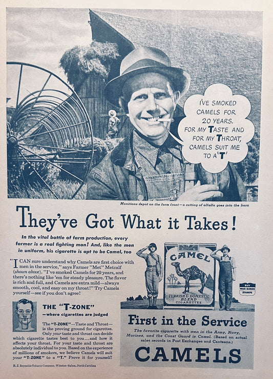 1943 Farmer Met Metcalf Smokes Camels - Supporting the War Effort - Magazine Ad