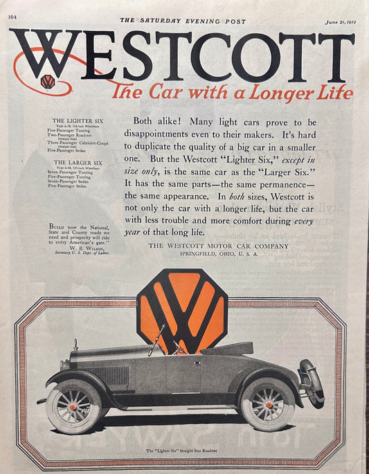 1919 Forgotten Auto Marque - WESTCOTT Springfield - Oh AD #1935 Longer Life