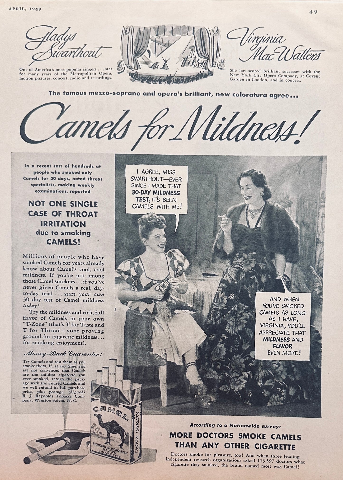 1949 - Opera Singer Gladys Swarthout - Smokes Camels - Magazine Ad