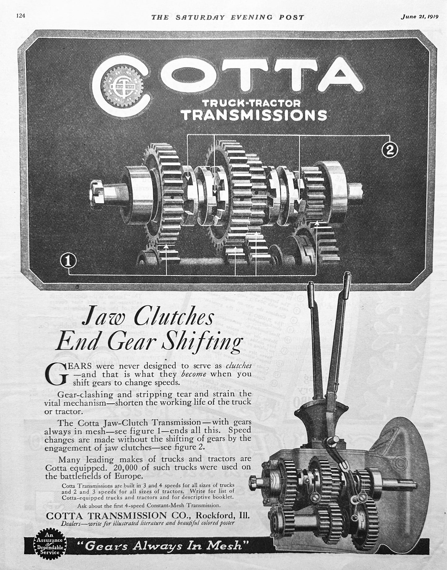1919 Cotta Truck-Tractor Transmissions Promotional Ad #1944