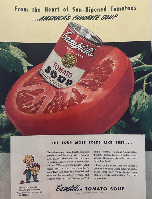 1945 Campbells Tomato Soup Can resting in the Center of Tomato -  Magazine Ad