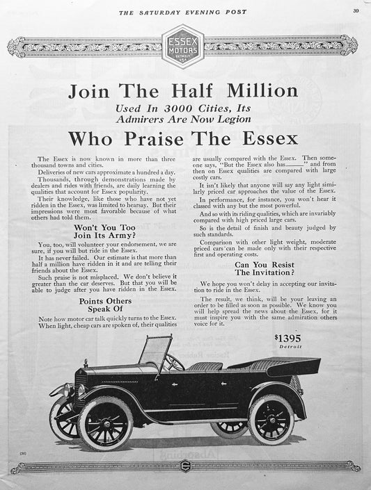 1919 Essex Motorcar by Essex Motors - Pre-Hudson Magazine Ad #1945